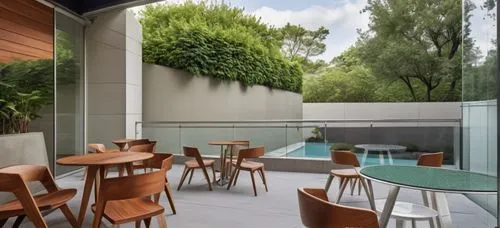 cafeteria on double height balcony with wooden seating, green membrane awning, glass railing, modern panel on wall overlooking an exterior lawn with pathways,garden design sydney,landscape design sydn