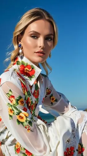 Fashion show ,a woman with flowers on her blouse standing next to the ocean,guayabera,floral,caftan,veruschka,kaftan,kaftans,Photography,General,Realistic