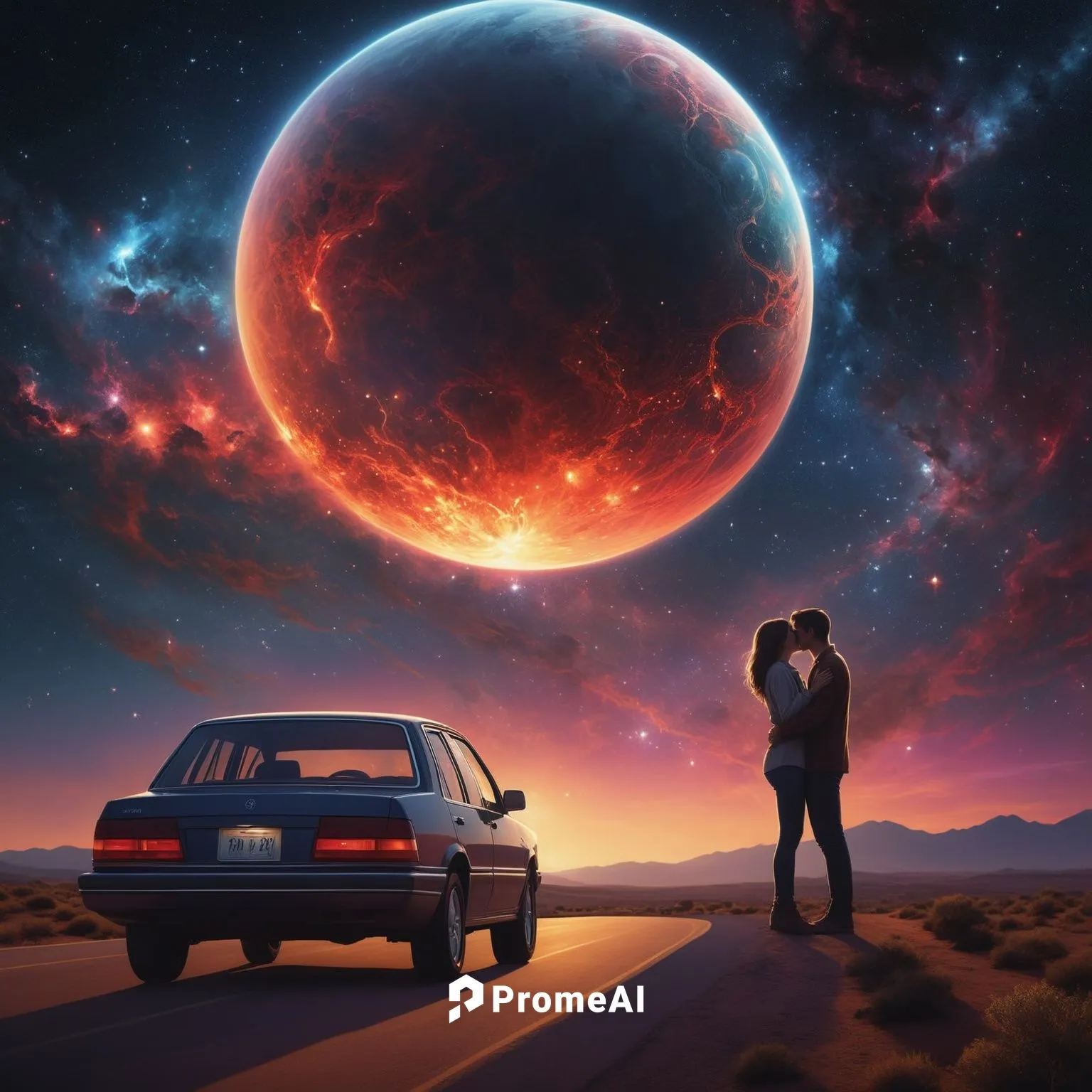 a young couple kissing in front of a winding road beneath a huge planet with nebulae in space,cosmos,astronomical,album cover,abduction,moon car,astro,gas planet,universe,scene cosmic,space art,space,