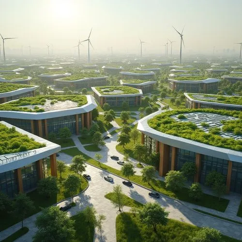 Eco-friendly school campus, lush green roofs, solar panels, wind turbines, rainwater harvesting systems, modern futuristic architecture, sleek metal buildings, reflective glass surfaces, angular lines