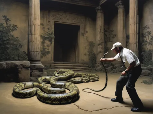 In a cursed temple, an ancient curse forces a desperate archaeologist to choke a sacred snake.,snake charmers,snake charming,black snake,african house snake,emperor snake,serpent,king cobra,burmese py