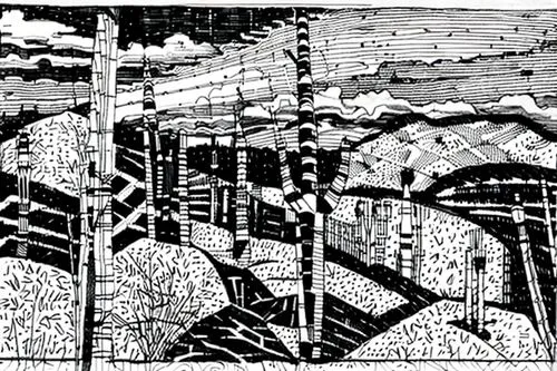 woodcut,cool woodblock images,panoramical,woodblock prints,industrial landscape,woodblock printing,printmaking,peter-pavel's fortress,zentangle,escher,crosshatch,mine shaft,open pit mining,panels,braq