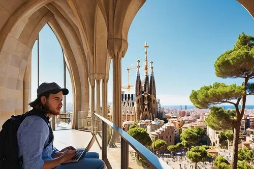 Modern architecture, design internship, Barcelona, young adult, male/female, casual wear, backpack, laptop, notebook, pencil case, sitting/standing, studio desk, architectural models, blueprints, city