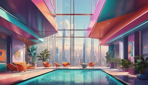 aqua studio,poolroom,futuristic landscape,sky apartment,an apartment,dreamhouse,swimming pool,diamond lagoon,penthouses,tropical house,modern room,colorful city,apartment,radiosity,futuristic,futuristic architecture,electrohome,apartments,sky space concept,pool house,Illustration,Retro,Retro 12