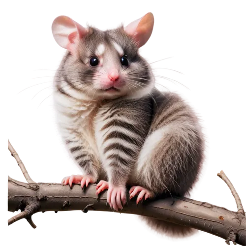 Possum, cute face, large round eyes, pink nose, fluffy fur, gray and white stripes, curled up tail, sitting on branch, morning sunlight, soft focus, shallow depth of field, natural color tone, cinemat