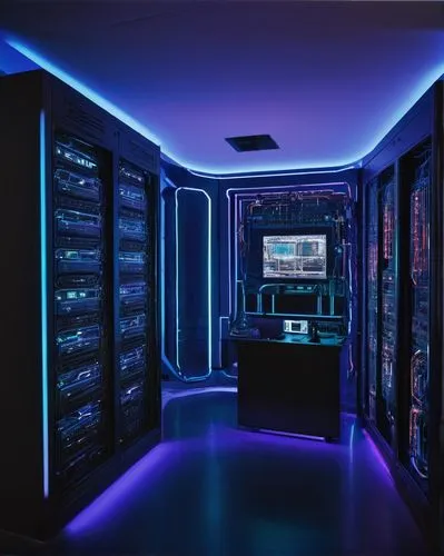 Bastion host, cyber security, futuristic, high-tech, sleek metallic structure, neon lights, wires, circuits, motherboard, CPU, complex network system, multiple screens, holographic display, virtual as