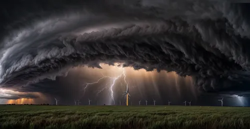 multi-cell ominous massive Storm passing a wind farm, Sun glow shinning through and illuminating eye of the storm,supercell,mesocyclone,a thunderstorm cell,lightning storm,supercells,nature's wrath,to