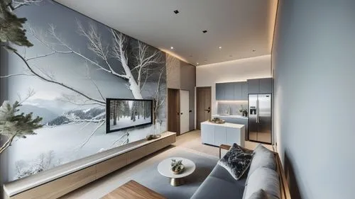 This photo features the living room and small kitchen of a hotel suite located in Puli, Taiwan. 
The design integrates elements of winter, Switzerland, and the tranquil atmosphere of the mountains, 
e