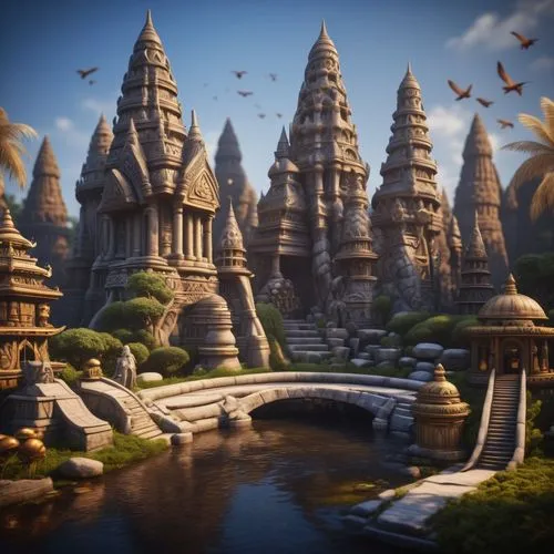 A spiritual temple zen style garden.sculptured . Style of alex grey,giger.unreal engine.totem sculptures.patterned stone pathway,ancient city,3d fantasy,bird kingdom,imperial shores,fantasy city,fanta