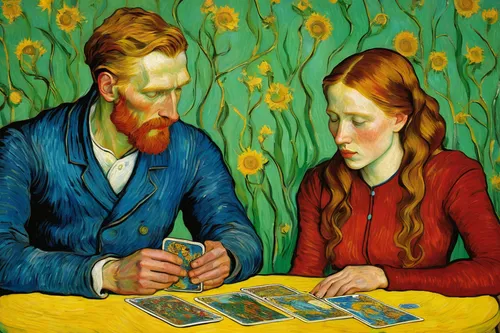 vincent van gough,young couple,vincent van gogh,playing cards,card lovers,man and wife,card game,as a couple,tutor,playing card,two people,david bates,deck of cards,play cards,cards,ball fortune tellers,fortune telling,card table,post impressionism,flower painting,Art,Artistic Painting,Artistic Painting 03