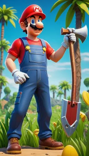 Mario themed Fortnite skin, male, muscular build, red hat with white M logo, blue overalls with yellow buttons, white gloves, brown shoes, holding a pickaxe, confident stance, dramatic lighting, dynam