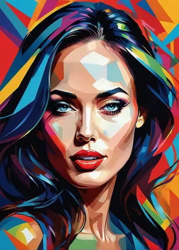 A closeup of a painting of a woman, Portrait of Megan Fox, WPAP, Color film art, angelina jolie, Vector Art Style, "angelina jolie, Vector Art, Vibrant Fan Art, Face of angelina jolie, Multicolored ve