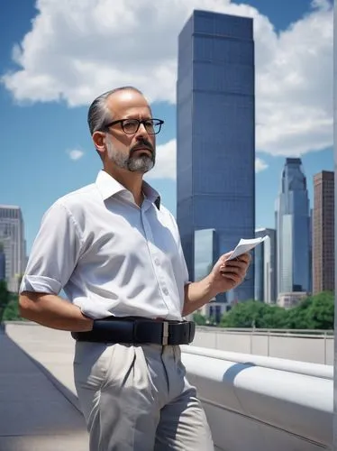 Middle-aged man, architecture specialist, standing, confident pose, glasses with thick black frames, short brown hair, stubble beard, white shirt, rolled-up sleeves, dark blue trousers, black leather 