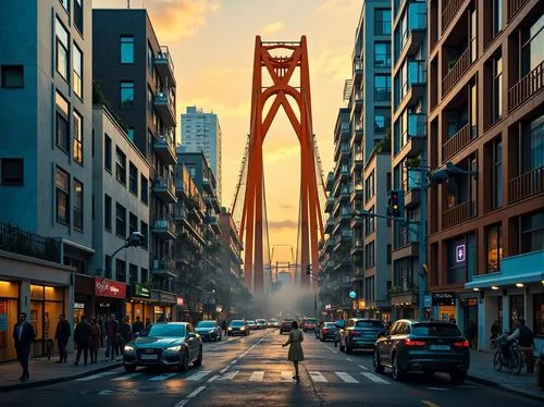 Vibrant orange suspension cables, deep blue steel beams, warm golden lighting, misty atmospheric effects, rugged stone piers, dynamic angular shapes, bold geometric patterns, expressive brushstroke te