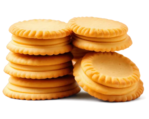 Golden biscuits, stacked, sweet treats, warm lighting, shallow focus, blurred background, crispy edges, soft centers, golden brown color, delicate texture, 3/4 composition, close-up shot, appetizing a