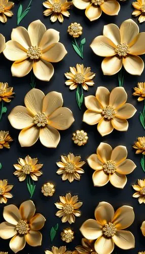 3D puffy gold flowers on a solid black background,chrysanthemum background,flower fabric,flowers pattern,flowers png,wood daisy background,floral digital background,flowers fabric,flower pattern,golde