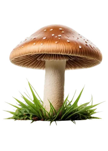 A single large mushroom, white cap, brown stem, green grass, morning dew, soft sunlight, 3/4 composition, shallow depth of field, warm color tone, cinematic lighting, realistic texture, detailed veins