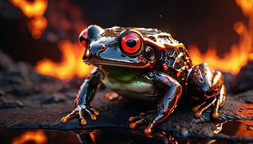 The frog has fiery red skin, bright golden eyes, and the ability to survive in boiling water.,fire-bellied toad,oriental fire-bellied toad,frog background,boreal toad,frog figure,bull frog,beaked toad