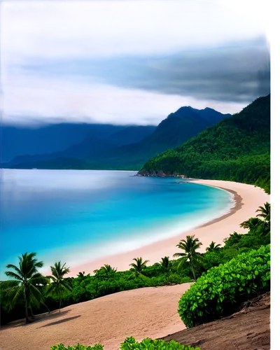 Isthmus landscape, tropical atmosphere, blue turquoise ocean water, sandy beach shore, palm trees swaying gently, lush green forest, misty mountains in background, warm sunlight filtering through clou