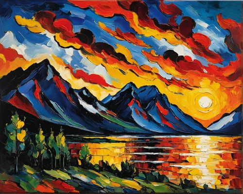 mountain sunrise,khokhloma painting,fire mountain,fire in the mountains,mountain scene,painting technique,lake mcdonald,vermilion lakes,mountain lake,volcano,fjord,high mountain lake,sun,fjords,yamnuska,lake of fire,alpine sunset,mountain landscape,layer of the sun,the spirit of the mountains,Art,Artistic Painting,Artistic Painting 37