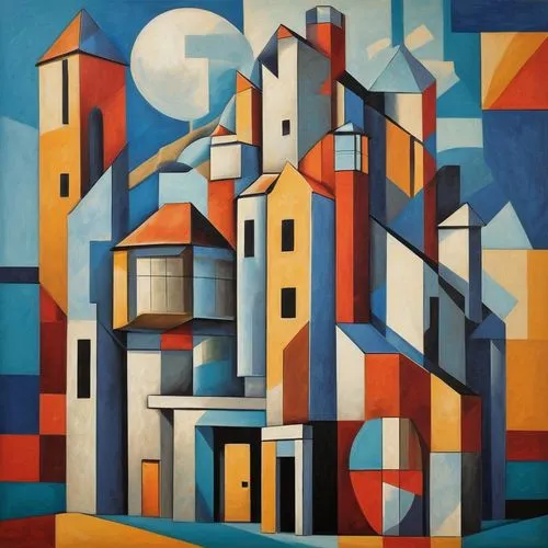 chirico,hejduk,mondriaan,melnikov,gaudi,escher village,sennikov,giorgini,cubist,ciudades,cubism,palmanova,ciudad,depero,savoye,blocks of houses,fresnaye,guggenheims,bauhaus,church painting,Art,Artistic Painting,Artistic Painting 45