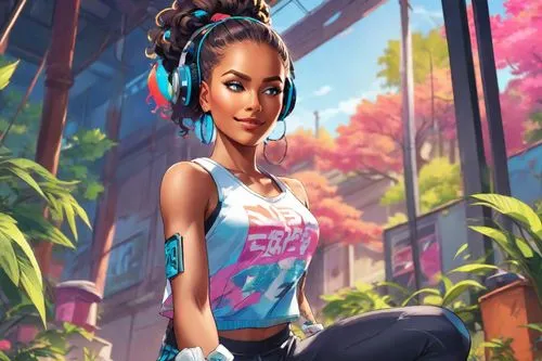 A black female cartoon rapper,rosa ' amber cover,game illustration,maria bayo,portrait background,cg artwork,world digital painting,tiana,mobile video game vector background,game art,bandana backgroun