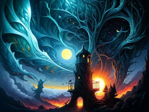 the surreal painting is a digital painting,carcosa,lighthouse,fantasy picture,lighthouses,fantasy art,igelstrom,Illustration,Realistic Fantasy,Realistic Fantasy 25