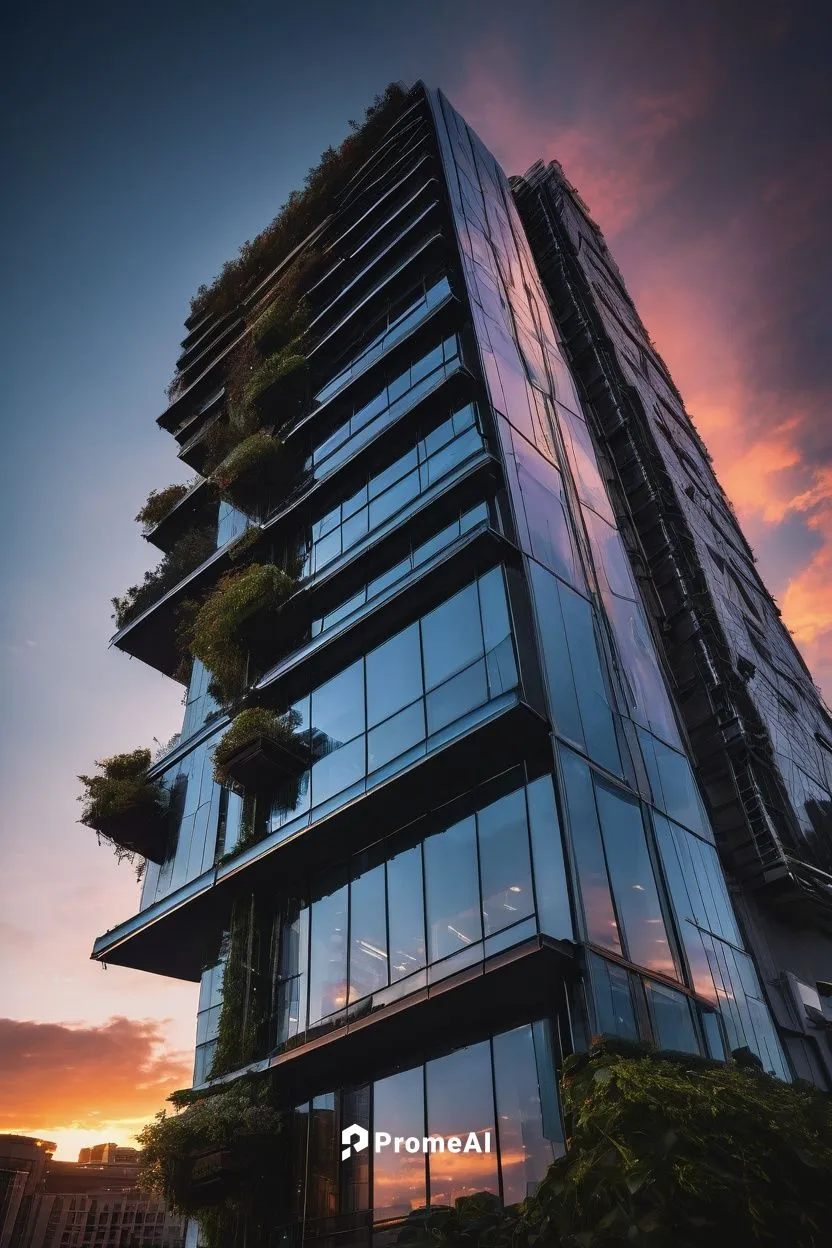 Futuristic skyscraper, modern architecture, sleek lines, metallic materials, LED lights, rooftop garden, urban cityscape, sunset view, 3/4 composition, low-angle shot, dramatic lighting, cinematic moo