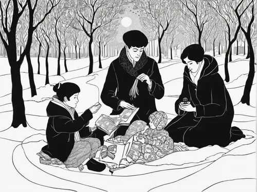 Create a heartwarming scene of Carlos Jose spending time with his family on a cozy winter day.,tea ceremony,tsukudani,children studying,japanese culture,coloring page,korean culture,family picnic,picn