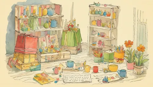 Craft a surprise birthday gift that brings tears of happiness.,watercolor shops,bookshop,bookshelves,flower shop,watercolor tea shop,bookcase,apothecary,bookstore,book store,flower booth,bookshelf,she