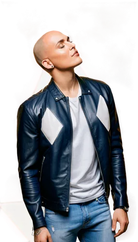 Bald man, kiss, romantic, 30yo, muscular arms, tattoo on neck, silver earring, black leather jacket, white shirt, dark blue jeans, sneakers, gentle facial expression, eyes closed, soft lips, tender mo