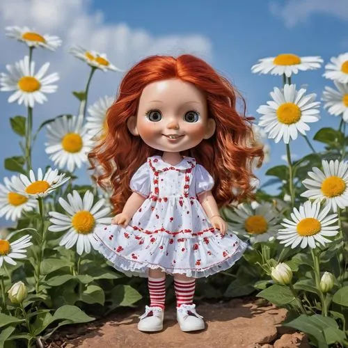 whimsical,A silly little girl with long messy red hair, eyelashes, small nose and thin lips,white flower pattern bandana with 2 flowers. white shoes, dressed in a white flower pattern dress bell shape