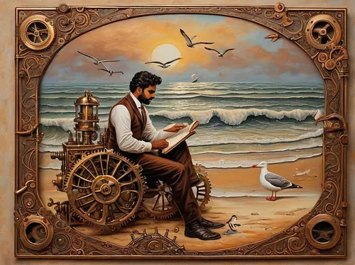 man at the sea,persian poet,seafarer,seafaring,el mar,man with a computer,pilgrim,itinerant musician,birds of the sea,sea swallow,seabird,clockmaker,oil painting on canvas,watchmaker,fisherman,mariner,thames trader,version john the fisherman,a carpenter,brown sailor,Illustration,Realistic Fantasy,Realistic Fantasy 13