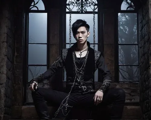 Gothic Ken, Japanese boy, pale skin, dark eye circles, black eyeliner, messy black hair, bold eyebrows, pierced ears, black nail polish, skinny build, tight black jeans, silver buckles, black leather 