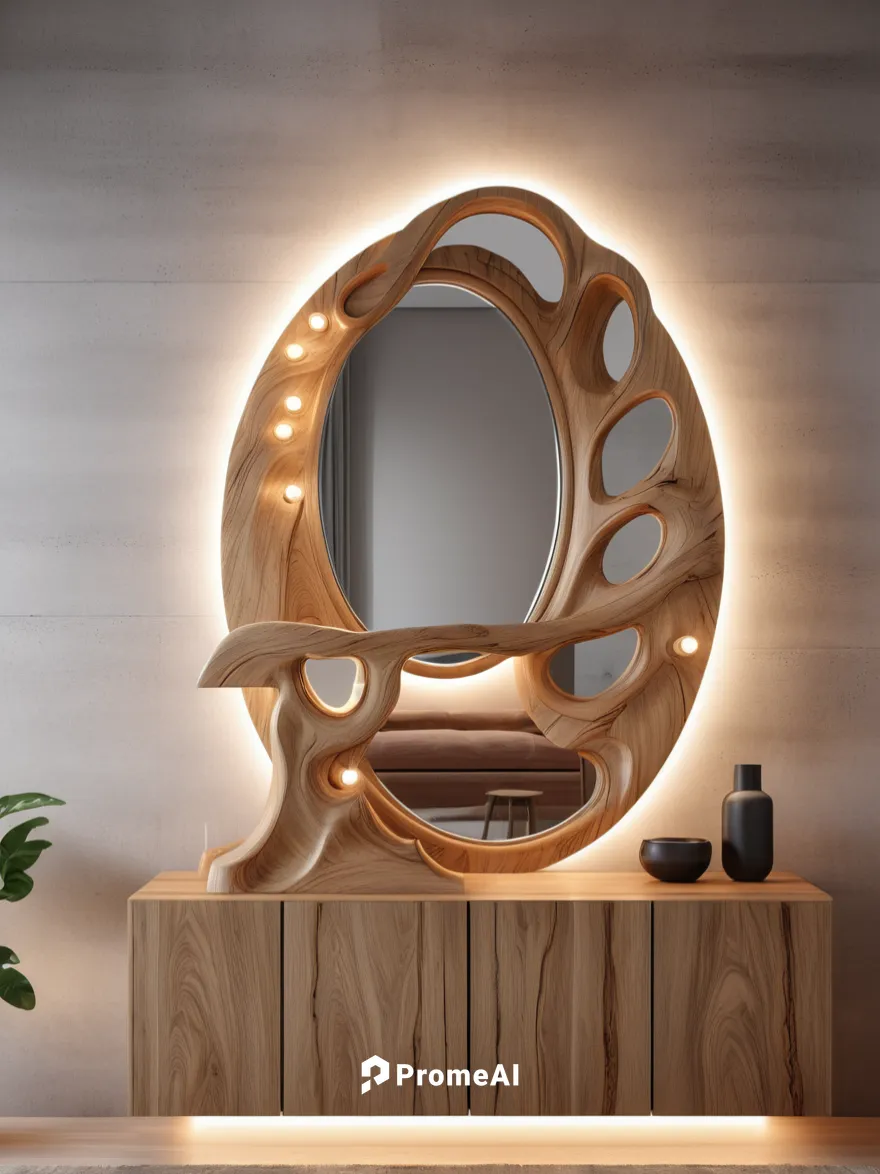 MUEBLE DE MADERA CLARO CON ESPEJO CON BORDES CLASICOS CON ILUMINACIÓN MODERNA 
,wood mirror,circle shape frame,wall lamp,makeup mirror,dressing table,wall light,wooden bowl,wooden shelf,wooden mockup,