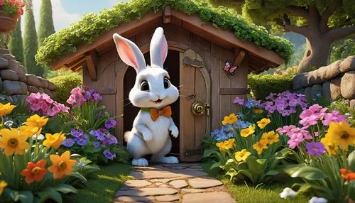 cartoon rabbit,cartoon bunny,bunny on flower,lapine,peter rabbit,springtime background,Photography,Artistic Photography,Artistic Photography 03