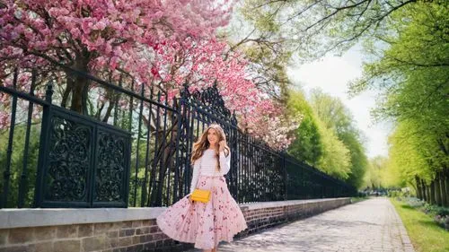 beautiful woman in spring,young lady walking down a brick street in front of a wrought iron fence,walking in a spring,spring background,springtime background,girl in flowers,cherry blossom tree-lined 