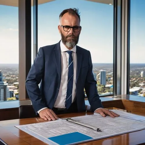 Experts, Shellharbour, architectural design, renovation, male, mature, glasses, beard, blueprints, pencil, ruler, suit, tie, briefcase, confident pose, standing, office interior, modern decor, wooden 