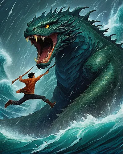 sea monsters,god of the sea,merman,crocodile woman,kraken,dragon of earth,crocodile,salt water crocodile,big wave,nature's wrath,sci fiction illustration,the storm of the invasion,tidal wave,sea god,poseidon,sea devil,merfolk,moana,sea storm,nami,Art,Classical Oil Painting,Classical Oil Painting 30