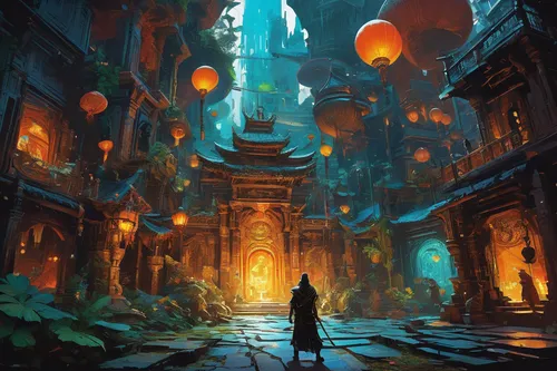 ancient city,fantasy city,lanterns,fantasy world,fantasy landscape,world digital painting,transistor,lantern,3d fantasy,sci fiction illustration,hall of the fallen,fantasy art,hanging temple,dungeons,concept art,fantasy picture,illuminated lantern,lamplighter,lost place,wanderer,Conceptual Art,Oil color,Oil Color 07