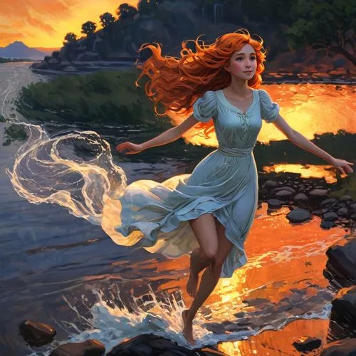 kupala,fantasy picture,fire and water,riverdance,mera,megara,ariel,girl on the river,flame spirit,merida,celtic woman,amphitrite,dancing flames,world digital painting,sirena,fantasia,whirlwinds,fantasy art,little mermaid,fireheart,Art,Classical Oil Painting,Classical Oil Painting 15