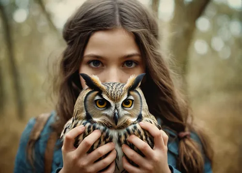 The Girl and the Owl by Michael  Shapcott,owl-real,owl nature,owl eyes,couple boy and girl owl,owl,boobook owl,kawaii owl,rabbit owl,white faced scopps owl,owlet,owls,small owl,owl art,large owl,siber