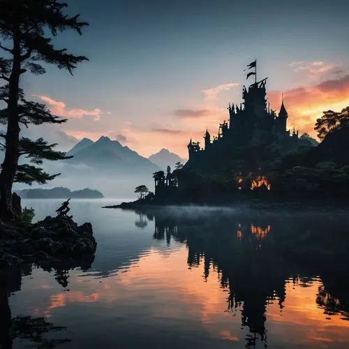 create in a big lake, there is a huge mountain above the clouds, a huge, giant one castle ruin in tha flames on a large misty mistrious lake in to the sekoya forest. A dragon breathing flames from its