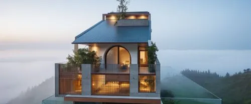 house design mountain,the facade of the house is lit up by windows and roof lights,tree house hotel,lookout tower,observation tower,cubic house,house in mountains,sky apartment,Photography,General,Rea