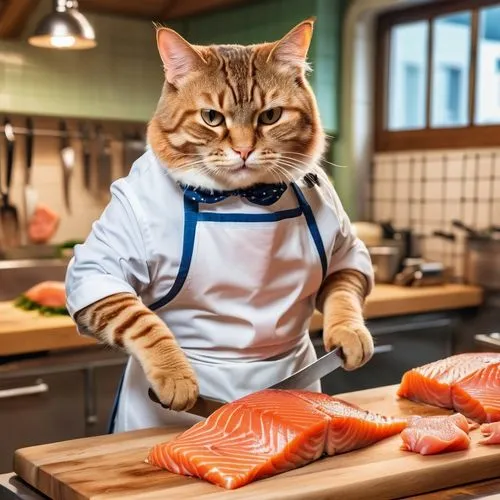 chef,salmon fillet,men chef,tuna steak,orange tabby cat,salmon,Photography,General,Realistic