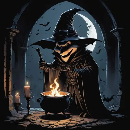 A dark and moody illustration depicting a character that resembles Mickey Mouse, transformed into a brooding wizard with an ominous pointy hat and tattered cape, wielding an ancient wand over a sinist