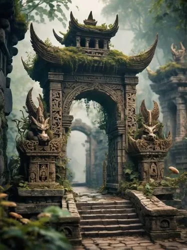 Fantasy animal architecture, ancient temple ruins, overgrown with vines, surrounded by misty jungle, mysterious glowing mushrooms, intricate carvings of animals (dragons, wolves, eagles) on stone wall