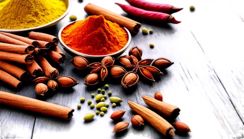 Colorful Indian spices, assorted spices on wooden table, warm lighting, shallow depth of field, aromatic atmosphere, various textures, turmeric powder, red chili powder, garam masala, coriander seeds,