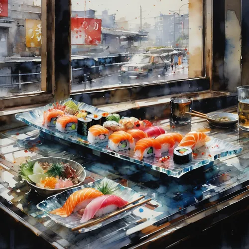 sushi art,sushi set,seafood counter,osechi,sushi japan,sushi boat,sushi plate,japanese cuisine,nigiri,watercolor cafe,watercolor shops,fish market,sashimi,sushi roll images,sushi,grilled food sketches,fishmonger,buffet,cold buffet,raw fish,Illustration,Japanese style,Japanese Style 14