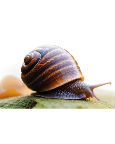 Snail, shell with swirly pattern, slimy trail, tiny eyes, antennae, brownish-gray color, slow movement, leaves background, soft focus, natural light, 3/4 composition, warm tone, shallow depth of field